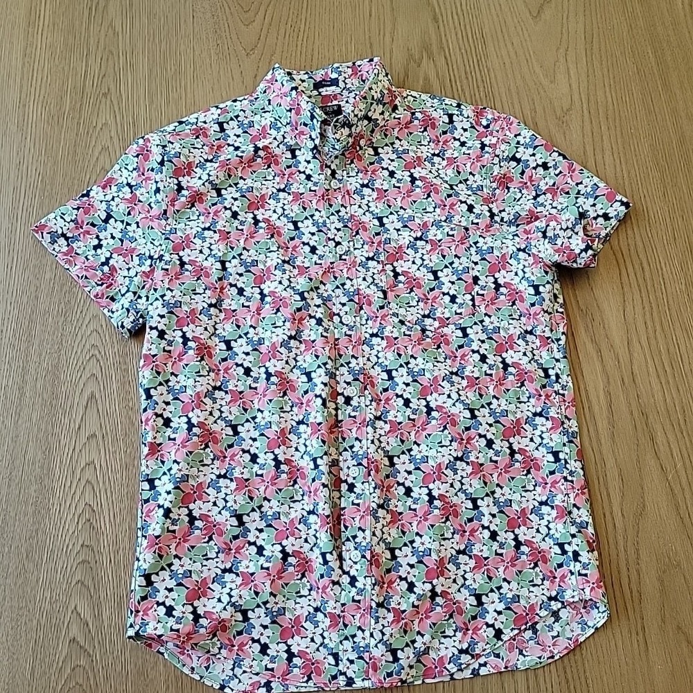 J Crew Shirt Mens Medium Button Up Flex Washed All Over Print Floral Slim Preppy